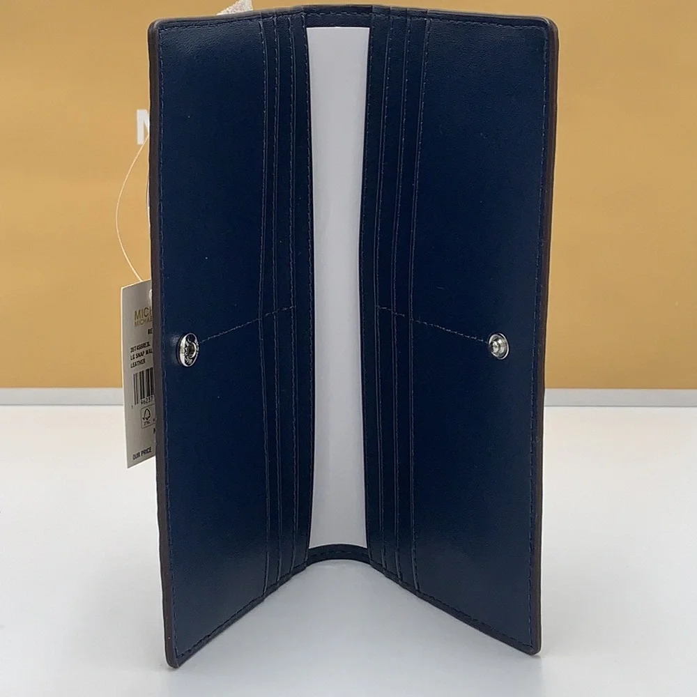 Michael Kors Reed Large Bifold Pebbled Leather Snap Wallet Card Case Navy NWT - Picture 7 of 12